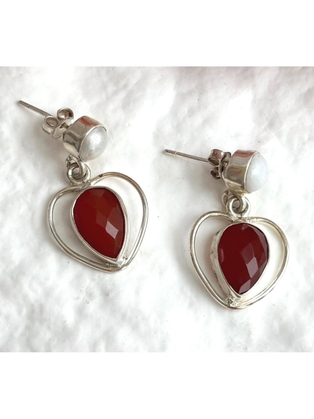 Ruby Corondum & Cultured Pearl Heart Shaped Vintage Sterling Silver 925 Earrings